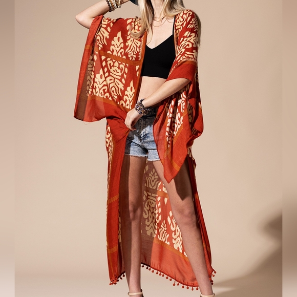 sunsetandshores Tops - F04 Damask Print Kimono in Rust LAST CHANCE